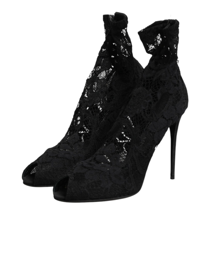 Dolce & Gabbana Black Stretch Taormina Lace Boots Shoes