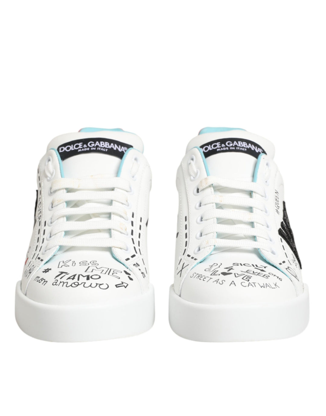 Dolce & Gabbana White Leather Graffiti Low Top Sneakers Shoes