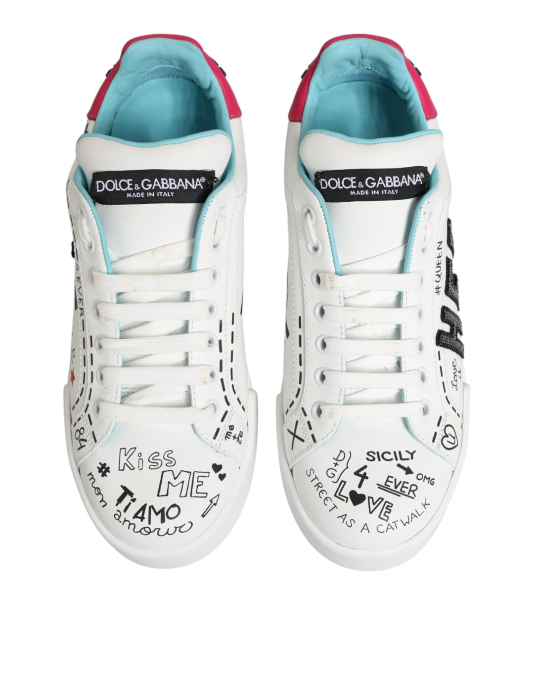 Dolce & Gabbana White Leather Graffiti Low Top Sneakers Shoes