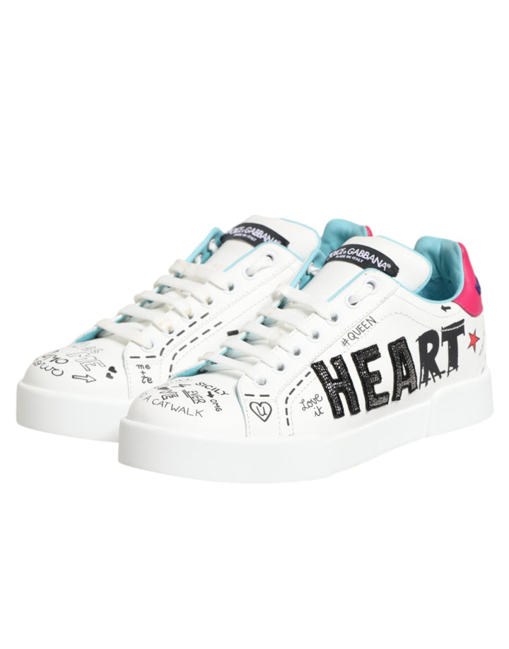 Dolce & Gabbana White Leather Graffiti Low Top Sneakers Shoes