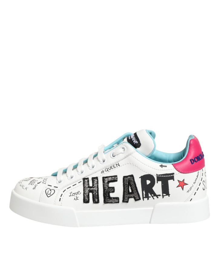 Dolce & Gabbana White Leather Graffiti Low Top Sneakers Shoes