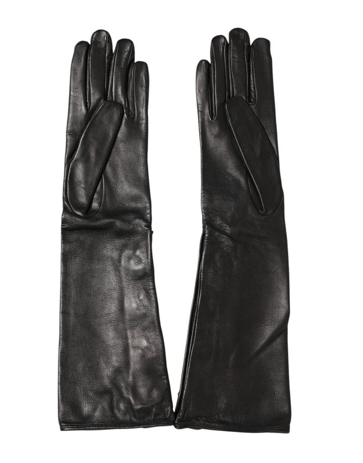 Dolce & Gabbana Black Leather Embellished Long Mitten Gloves