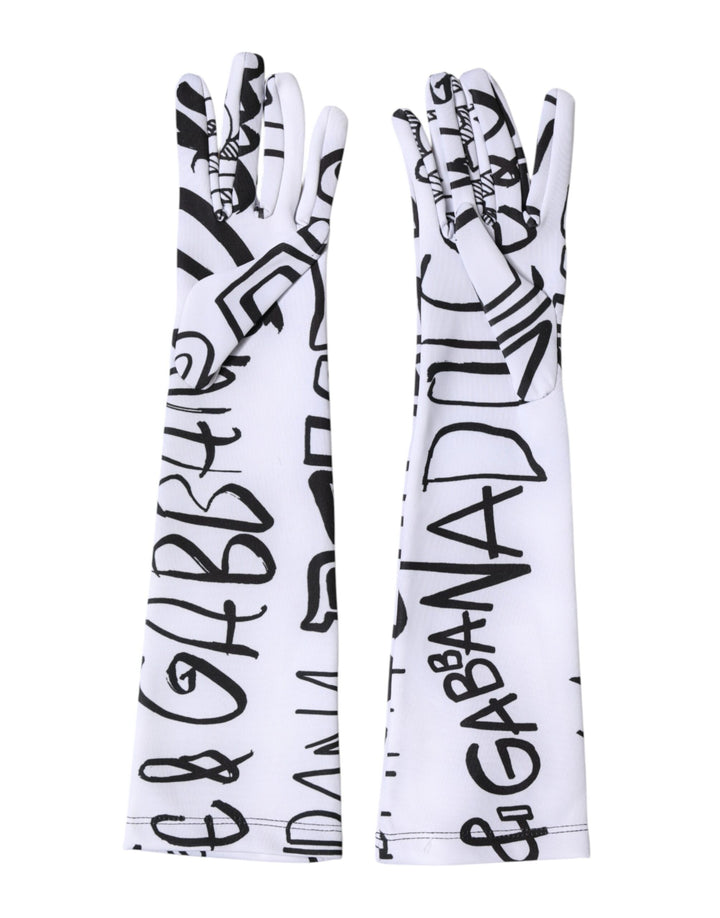 Dolce & Gabbana Black White DG Logo Elbow Length Mitten  Gloves