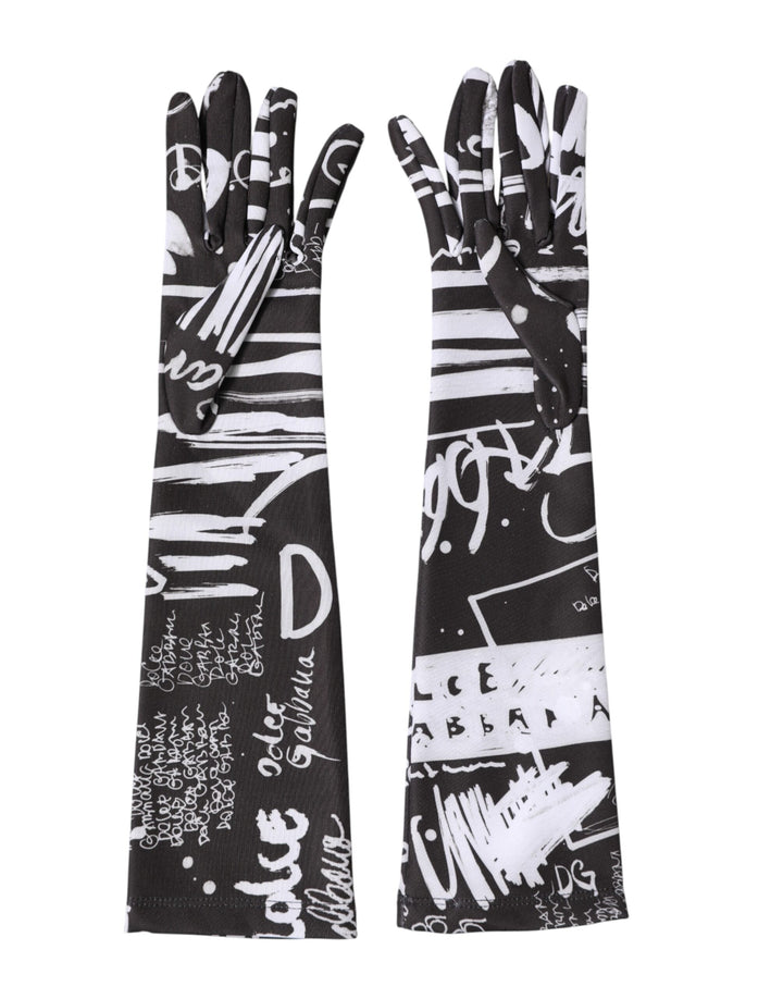 Dolce & Gabbana Black White DG Logo Elbow Length Mitten Gloves