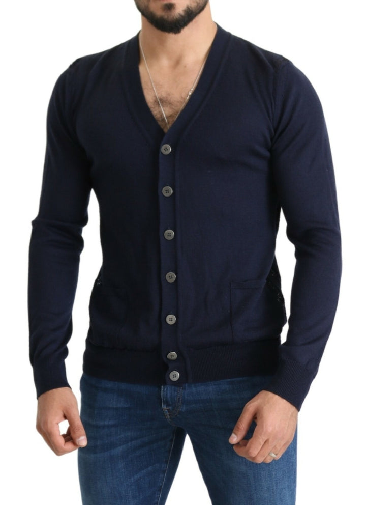 Karl Lagerfeld Wool Blue Full Button Cardigan Mens Top Sweater