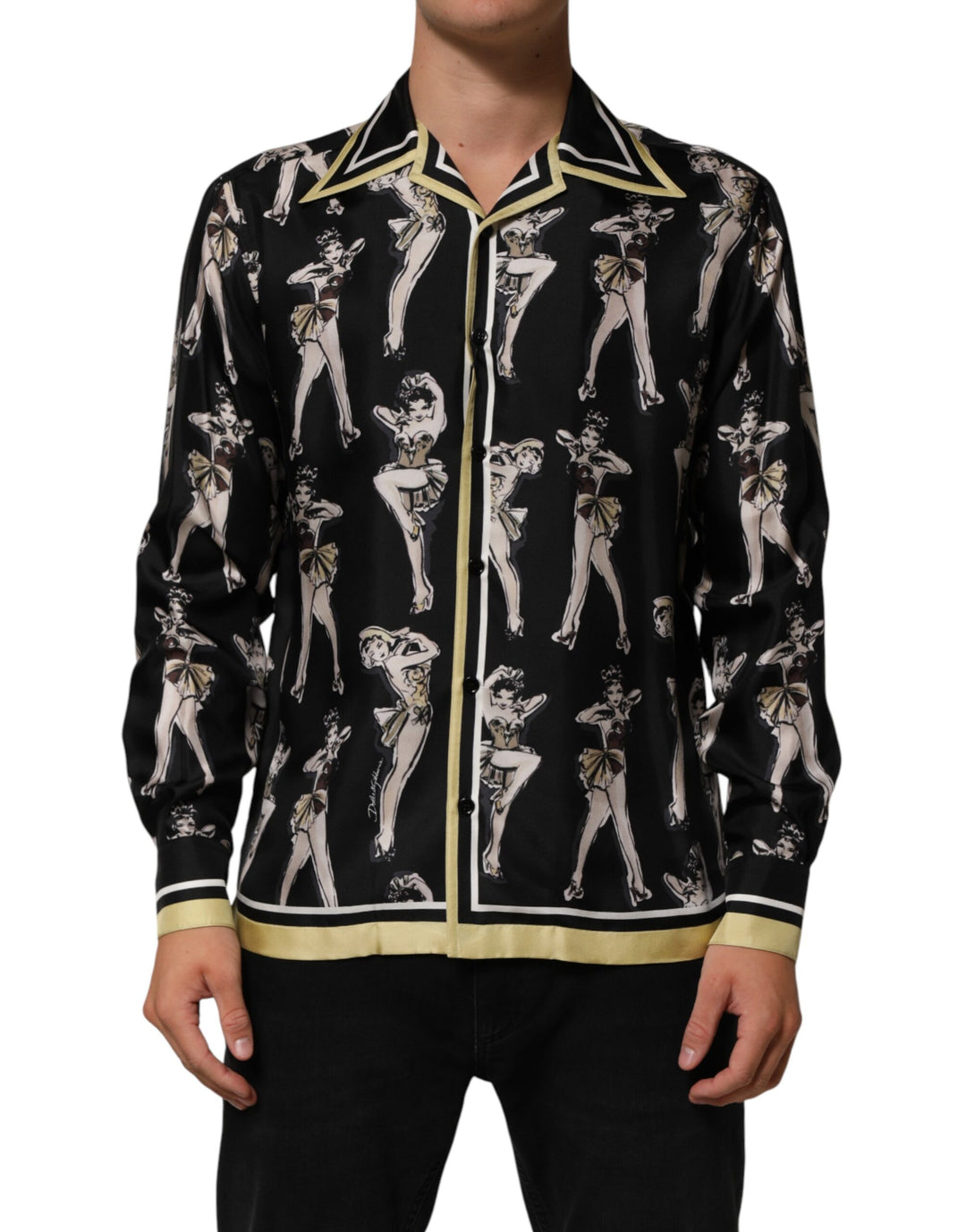 Dolce & Gabbana Black Silk Pin Up Printed Button Down Shirt