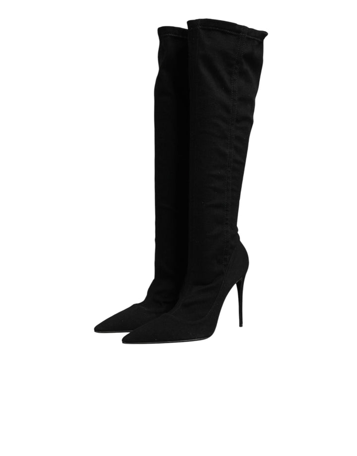 Dolce & Gabbana Black Cotton Stretch High Heels Boots Shoes