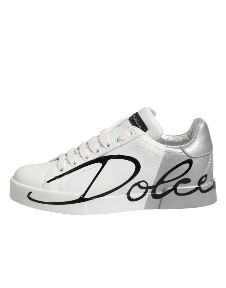 Dolce & Gabbana White Gray Low Top Leather Sneaker Shoes