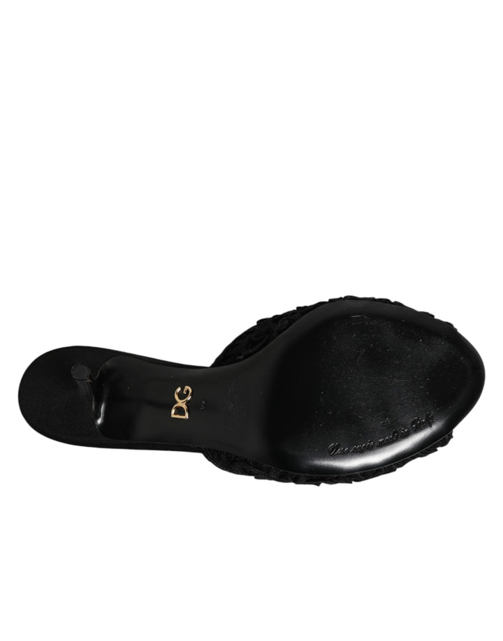 Dolce & Gabbana Black Embroidered Slip On Heels Slides Shoes