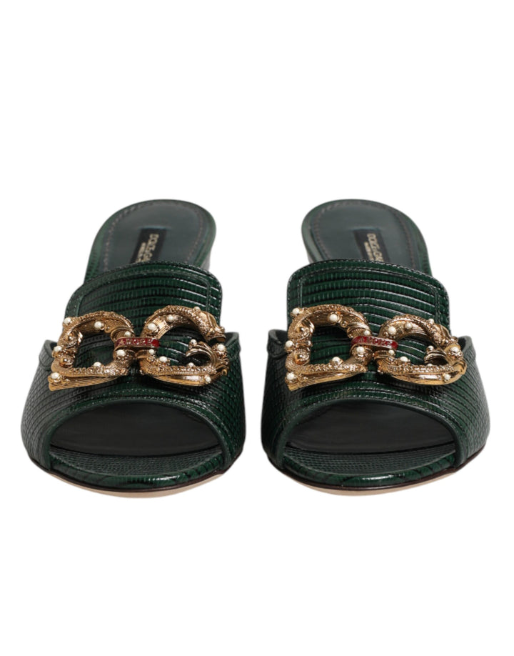 Dolce & Gabbana Green DG Amore Heel Slides Sandals Shoes