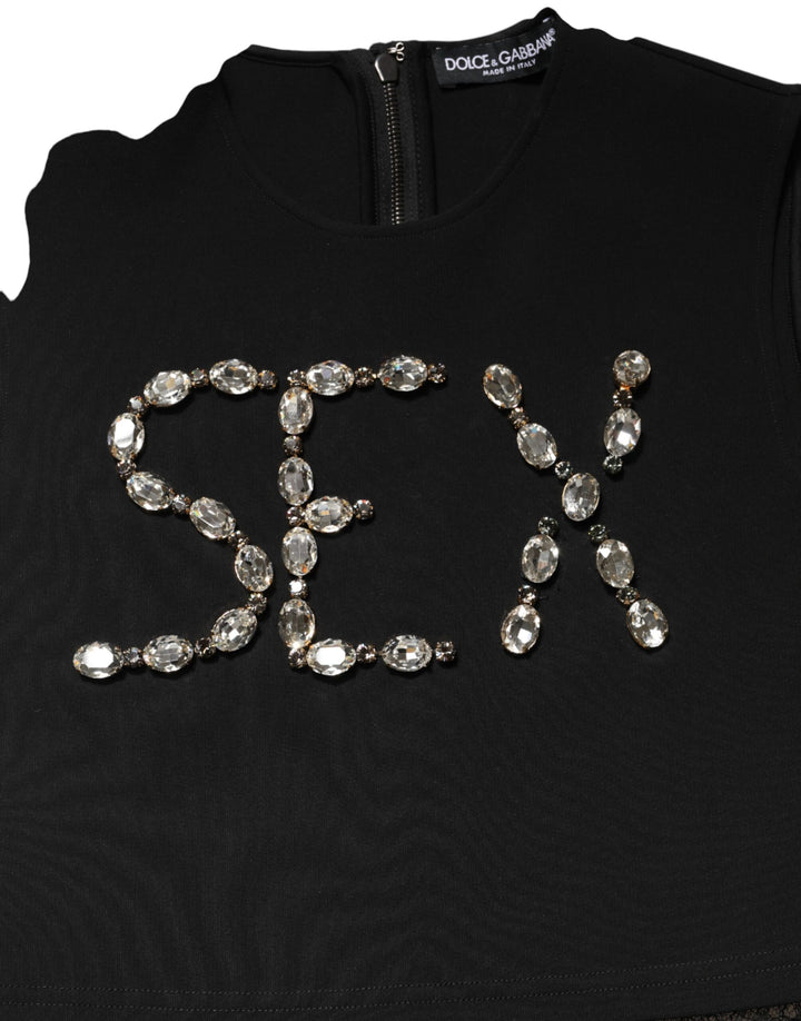 Dolce & Gabbana Black Jersey Lace Ruching Rhinestone Tank Top