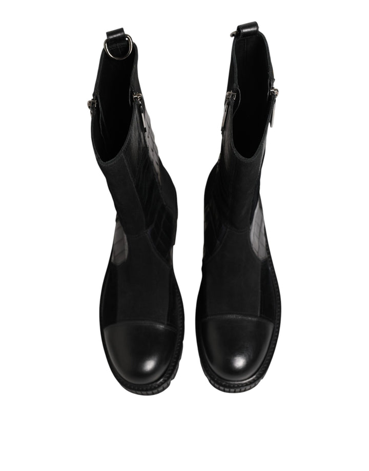 Dolce & Gabbana Black Patchwork Leather Mid Calf Boot  Shoes