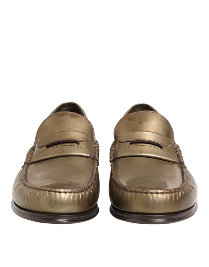 Dolce & Gabbana Gold Leather Slip On Dress Men Loafers Shoes
