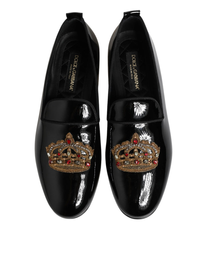 Dolce & Gabbana Black Leather Gold Crown Mens Loafers Shoes