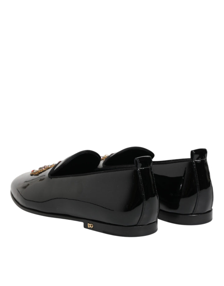 Dolce & Gabbana Black Leather Gold Crown Mens Loafers Shoes
