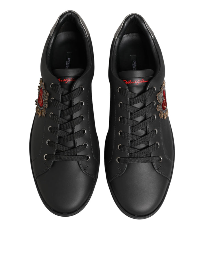 Dolce & Gabbana Black Leather Heart Embellished Sneakers Shoes