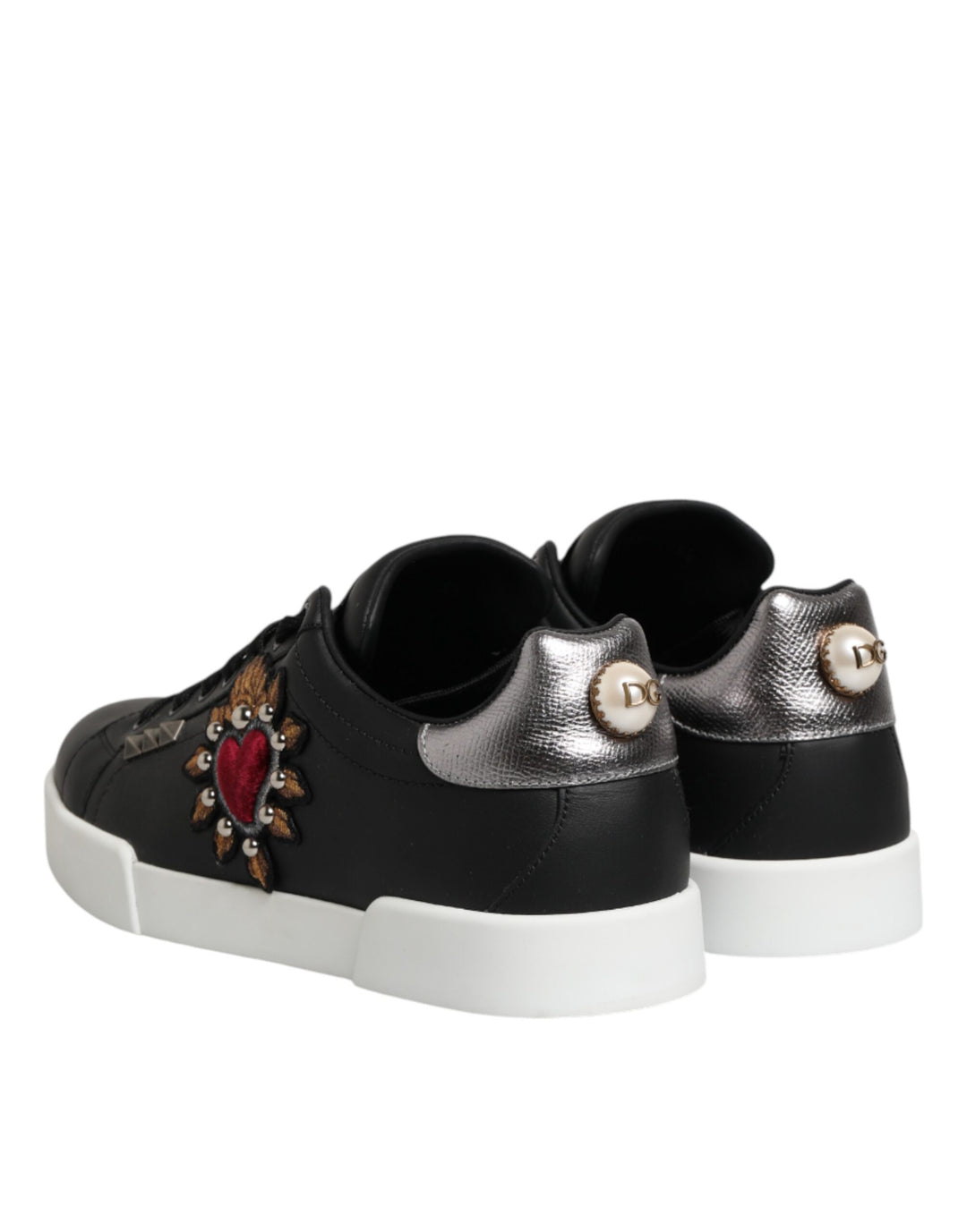 Dolce & Gabbana Black Leather Heart Embellished Sneakers Shoes