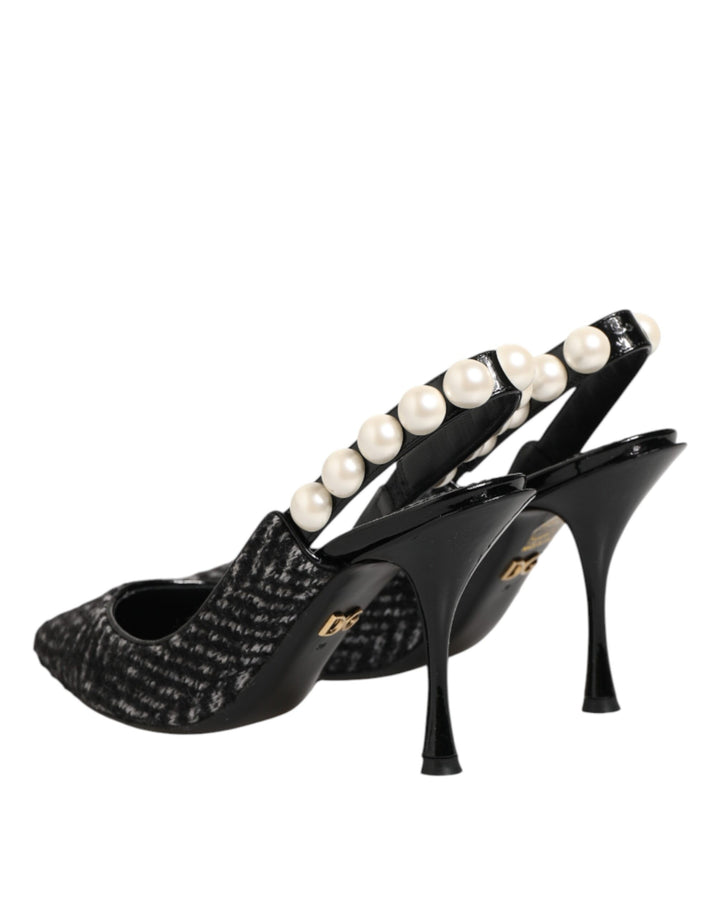 Dolce & Gabbana White Black Chevron Faux Pearl Slingbacks Shoes