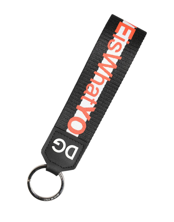 Dolce & Gabbana Black Logo Polyester Silver Brass Holder Keychain Keyring