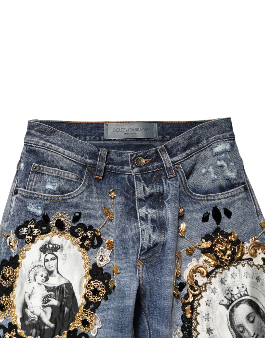 Dolce & Gabbana Blue Ripped Embellished Cotton Denim Jeans