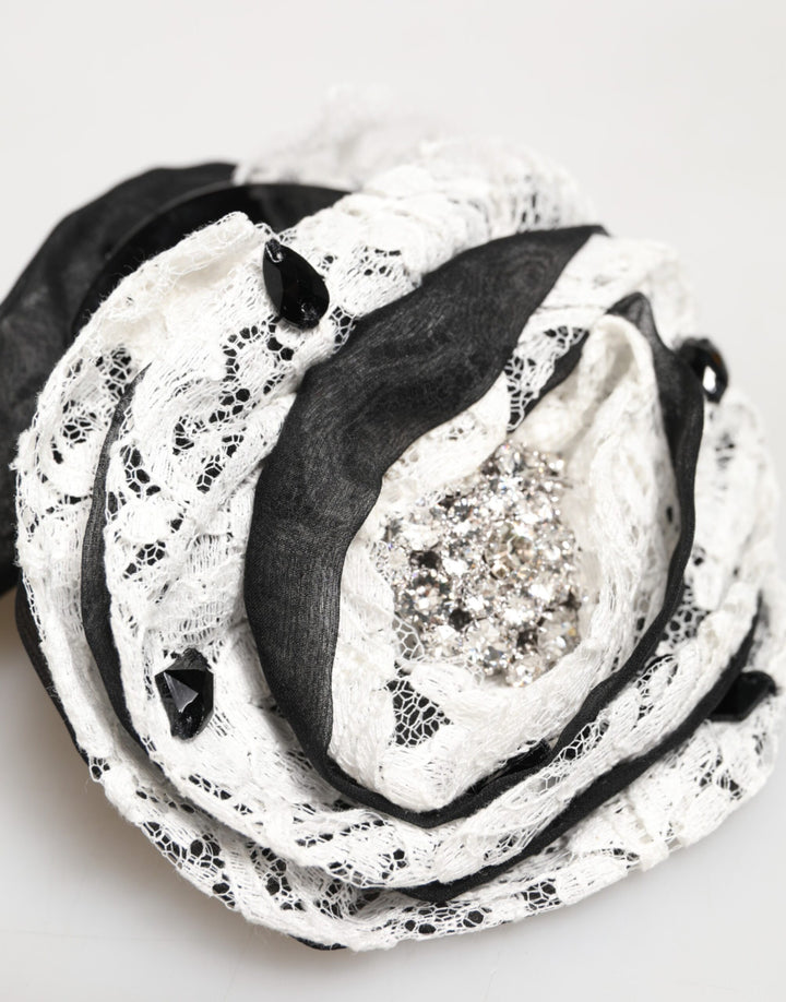 Dolce & Gabbana Black White Silk Floral Lace Crystal Accessory Hair Claw