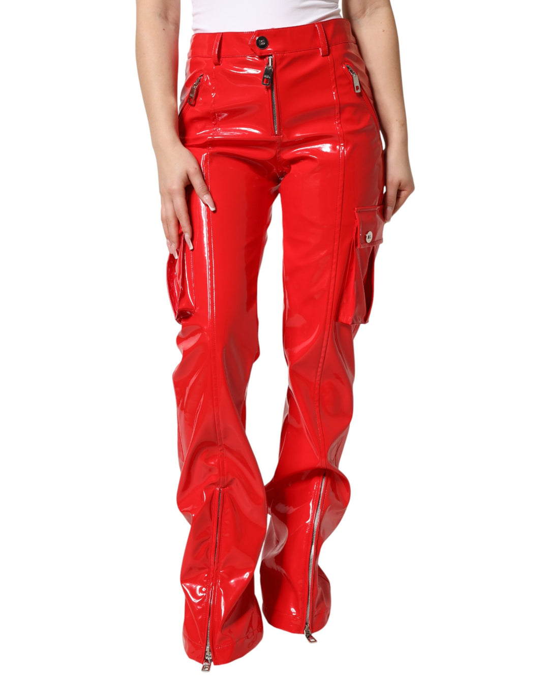 Dolce & Gabbana Red Glossy Polyester Cargo Boot Cut Pants
