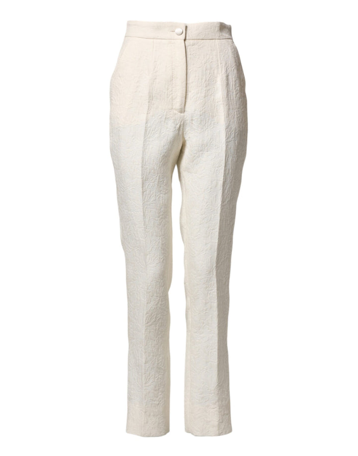 Dolce & Gabbana White Cotton Floral Brocade Dress Pants