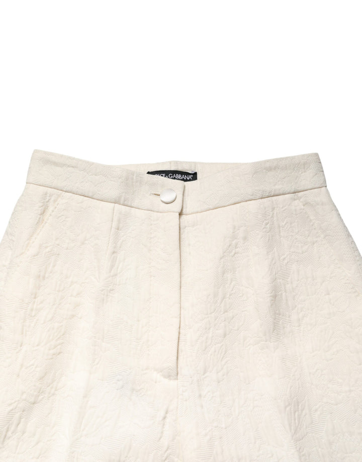 Dolce & Gabbana White Cotton Floral Brocade Dress Pants