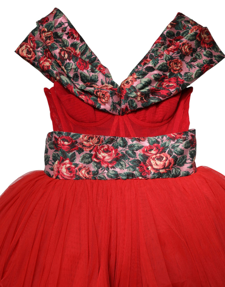 Dolce & Gabbana Red Floral Off Shoulder A-line Gown Dress
