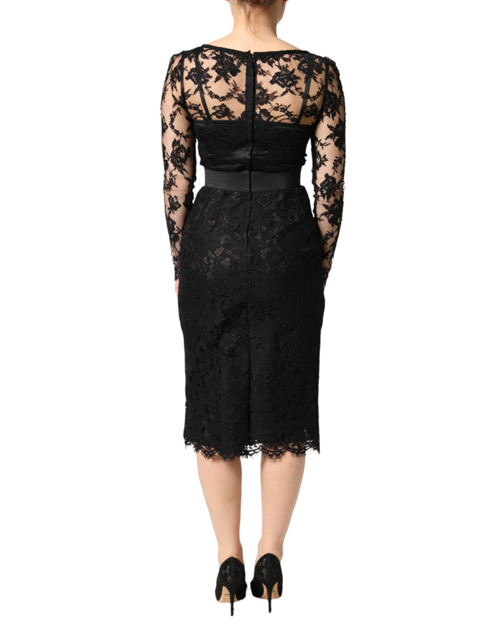 Dolce & Gabbana Black Lace Trim Cotton Sheath Midi Dress