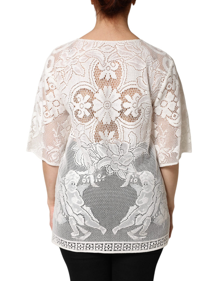 Dolce & Gabbana White Embroidery Lace Cotton Blouse Top