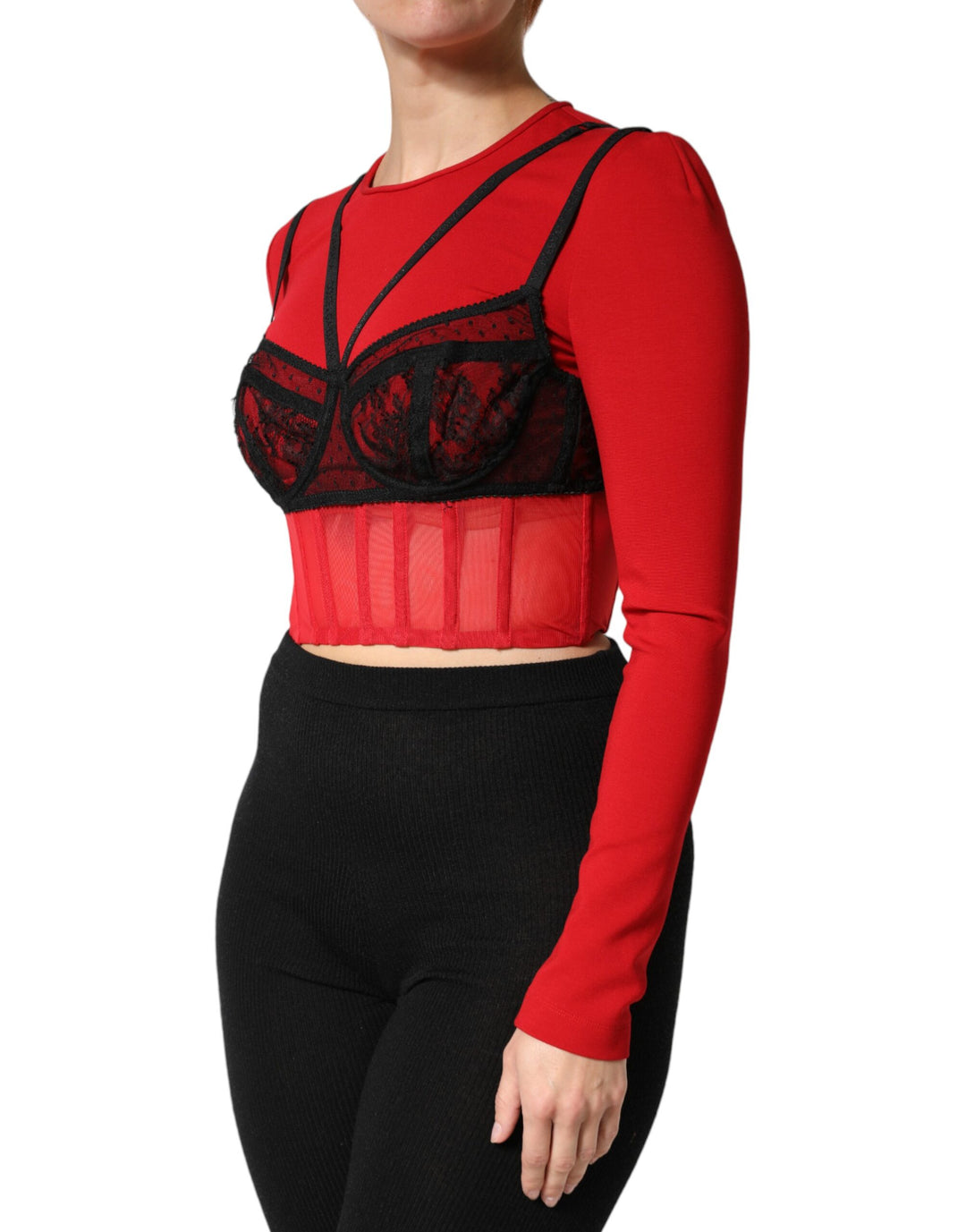 Dolce & Gabbana Red Black Nylon Bralette-Style Cropped Top