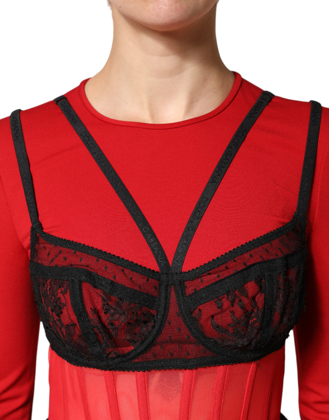 Dolce & Gabbana Red Black Nylon Bralette-Style Cropped Top