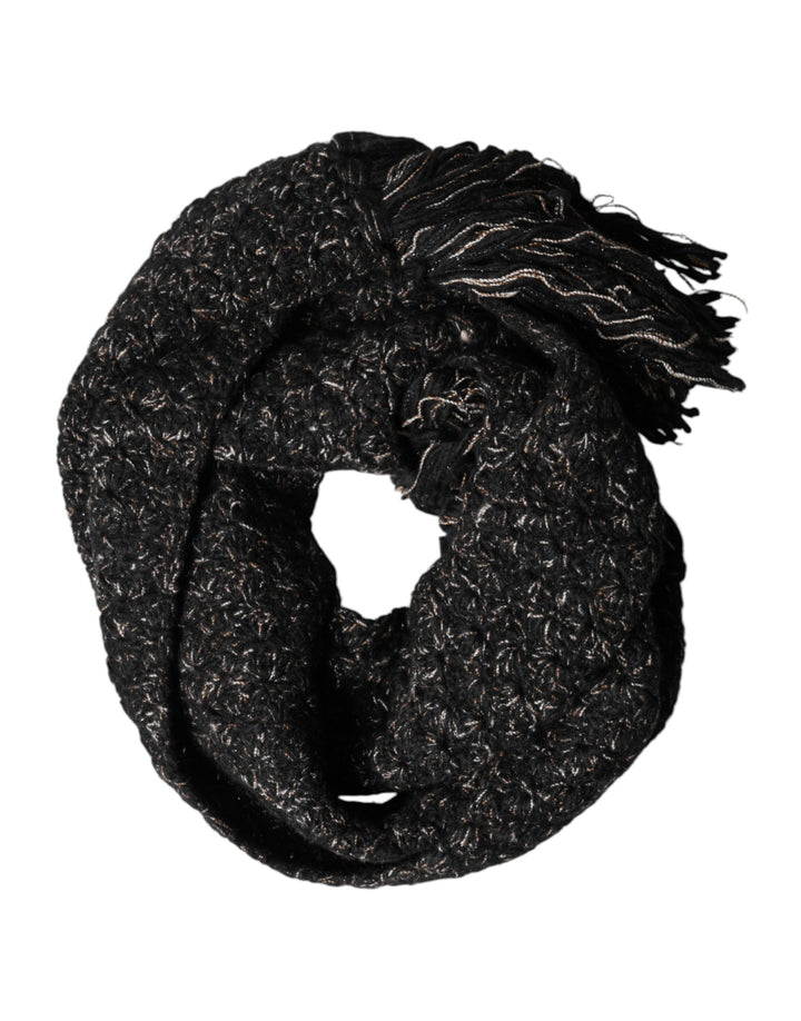 Dolce & Gabbana Black Wool Fringes Neck Wrap Foulard Scarf