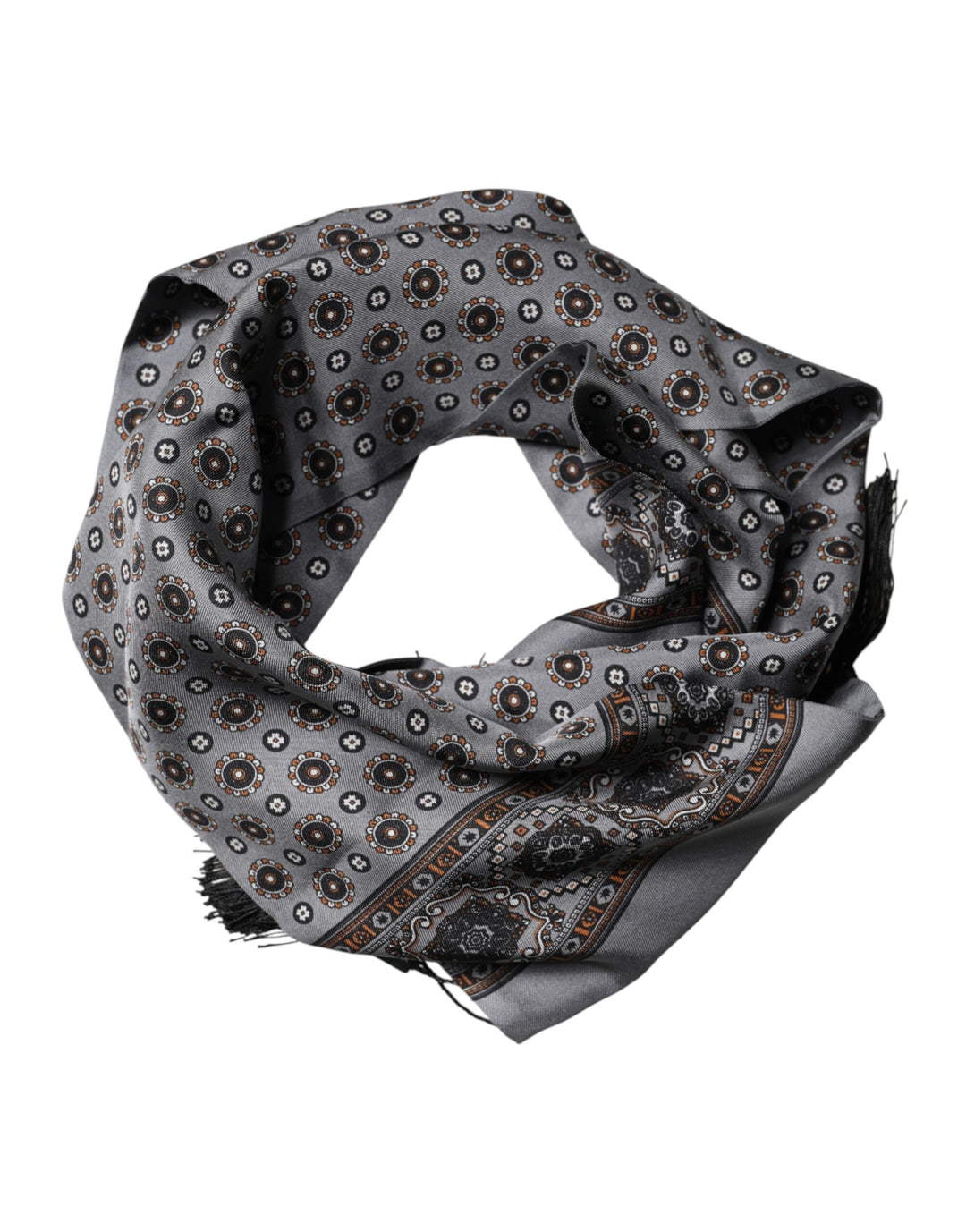 Dolce & Gabbana Gray Patterned Fringes Neck Foulard Scarf