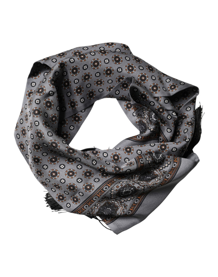Dolce & Gabbana Gray Patterned Fringes Neck Foulard Scarf