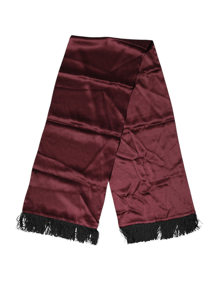 Dolce & Gabbana Maroon Silk Satin Fringes Neck Foulard Scarf
