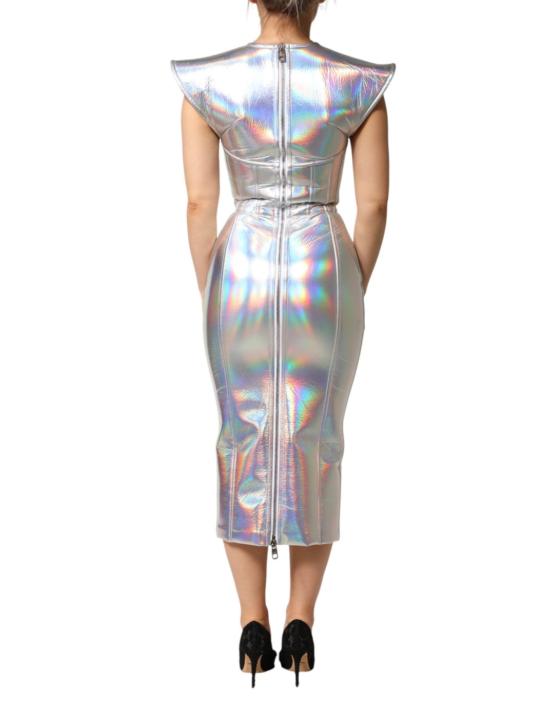 Dolce & Gabbana Silver Iridescent Bodycon Sheath Midi Dress