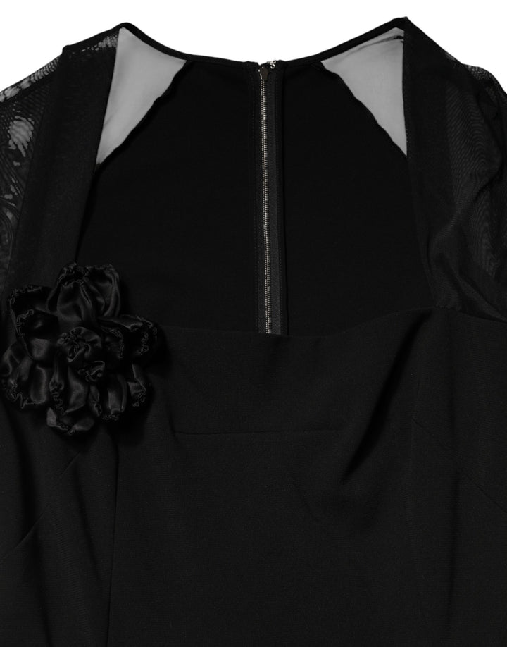Dolce & Gabbana Black Sheer Yoke Rosette Sheath Midi Dress