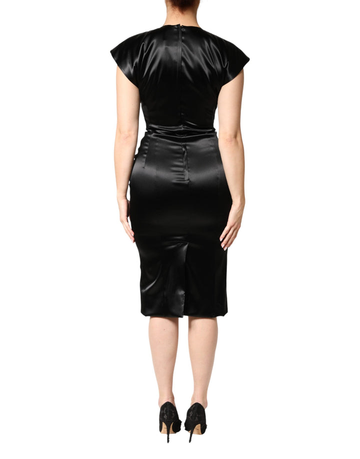 Dolce & Gabbana Black Satin Sheath Midi Cap Sleeves Dress