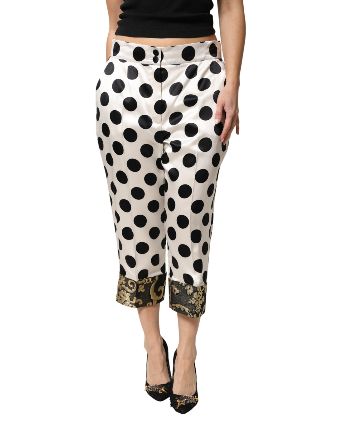Dolce & Gabbana White Black Polka Dot Silk Mid Waist Cropped Pants