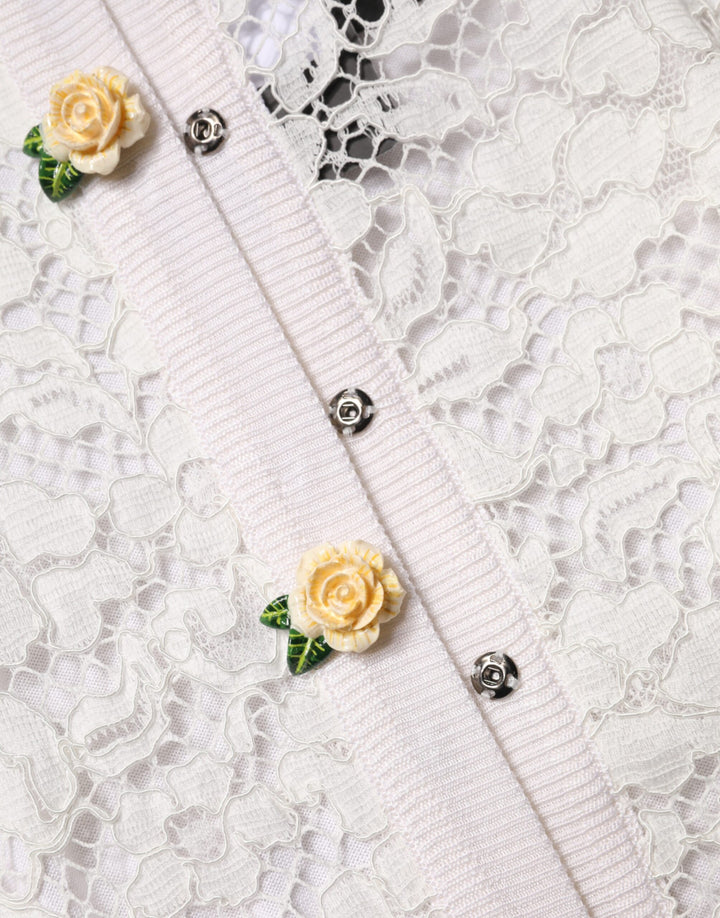 Dolce & Gabbana Cream Lace Knit Rose Button Cardigan Sweater