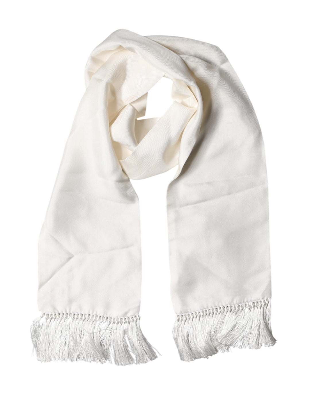 Dolce & Gabbana White Satin Silk Fringes Neck Foulard  Scarf