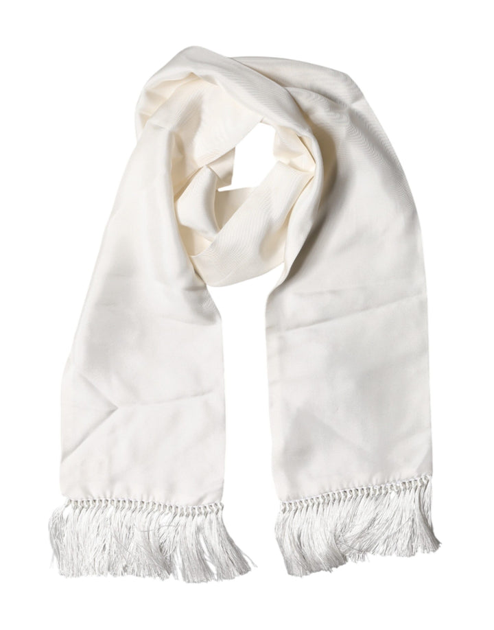 Dolce & Gabbana White Satin Silk Fringes Neck Foulard  Scarf