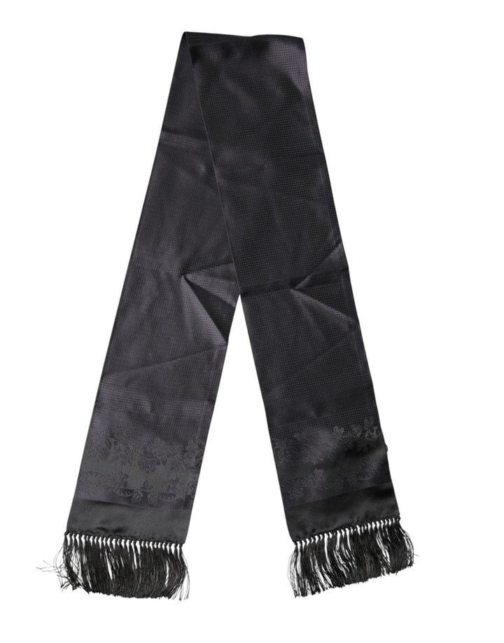 Dolce & Gabbana Black Satin Silk Fringes Neck Foulard Scarf