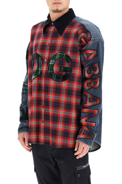 oversized denim and flannel shirt with logo-3