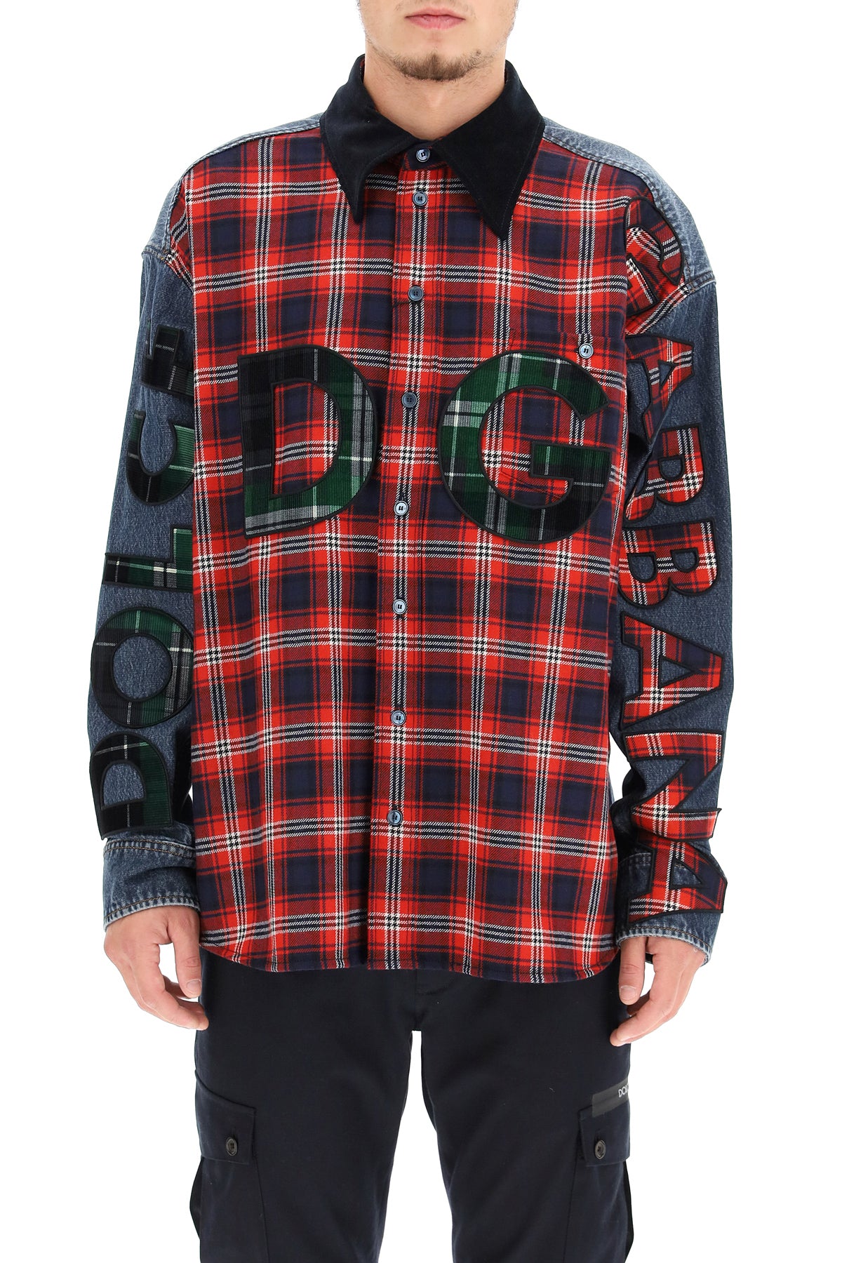 oversized denim and flannel shirt with logo-1