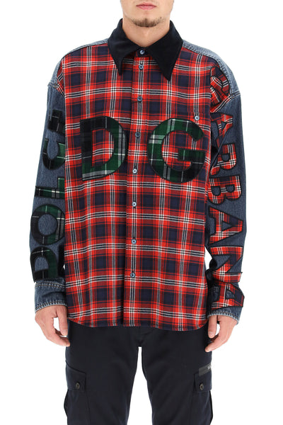 oversized denim and flannel shirt with logo-1