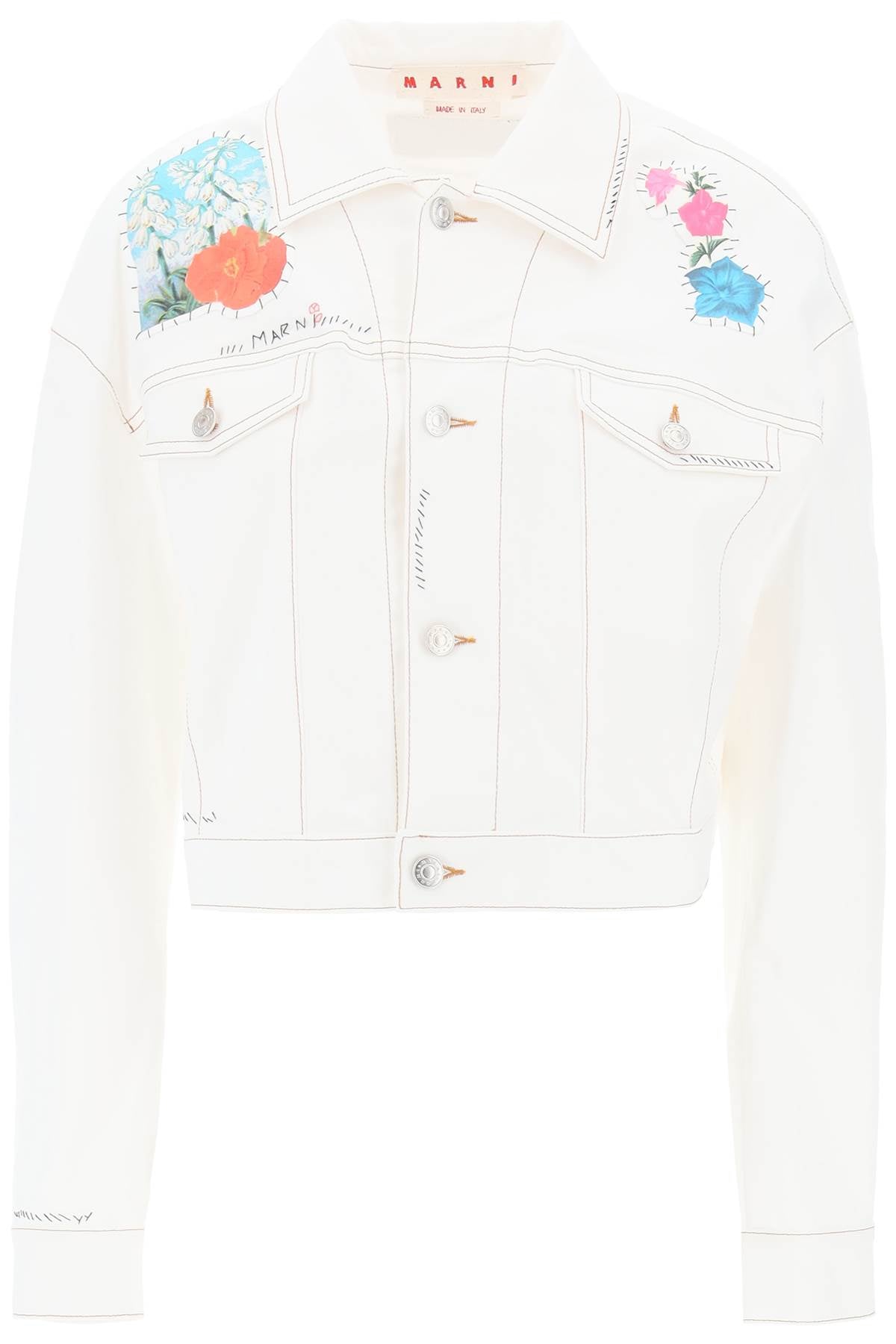 "cropped denim jacket with flower patches and embroidery"-0