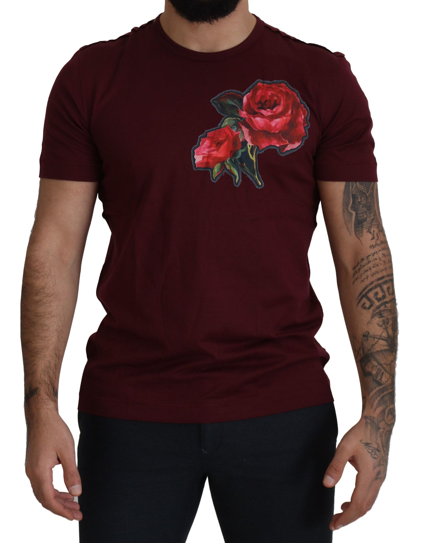 Dolce & Gabbana Bordeaux Roses Cotton Crewneck T-shirt